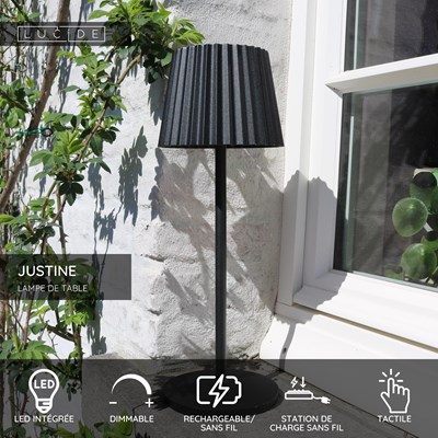Lucide JUSTINE - Lampe de table Rechargeable Intérieur/Extérieur - Batterie/Piles - LED Dim. - 1x2W 2700K - IP54 - Avec station de charge sans fil - Noir